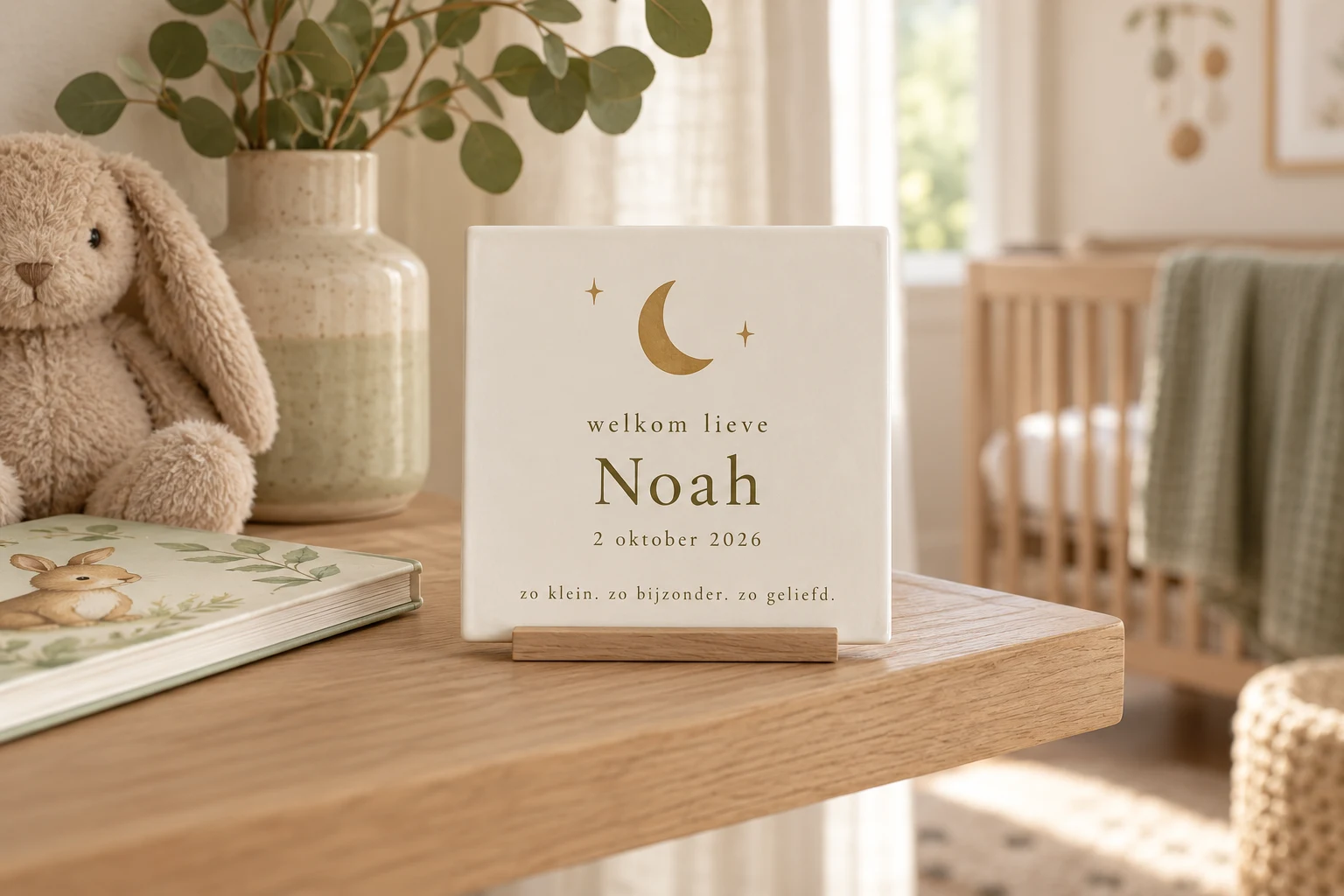 Sfeerbeeld van een geboortetegeltje met maanontwerp op een plank in de babykamer